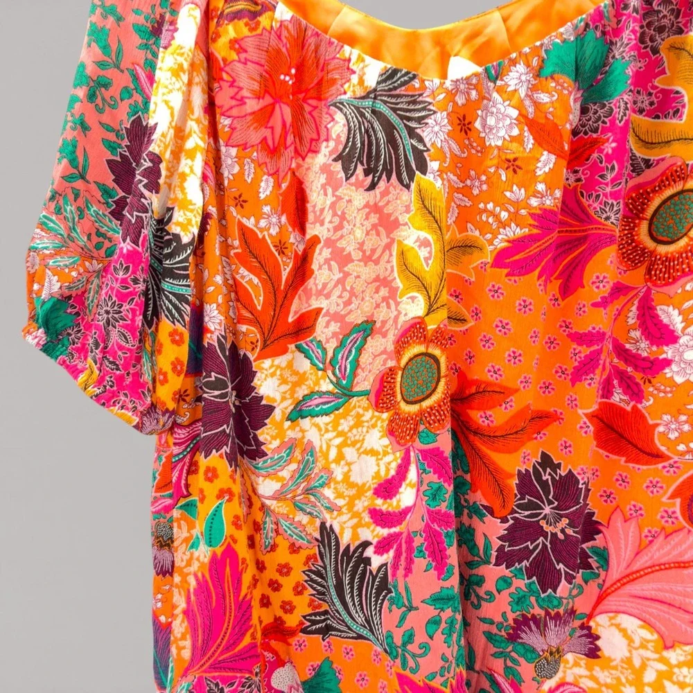 LOFT‎ XS NWT Floral Patchwork Blouse Puff Sleeve Orange Lined Boho Top Tropical